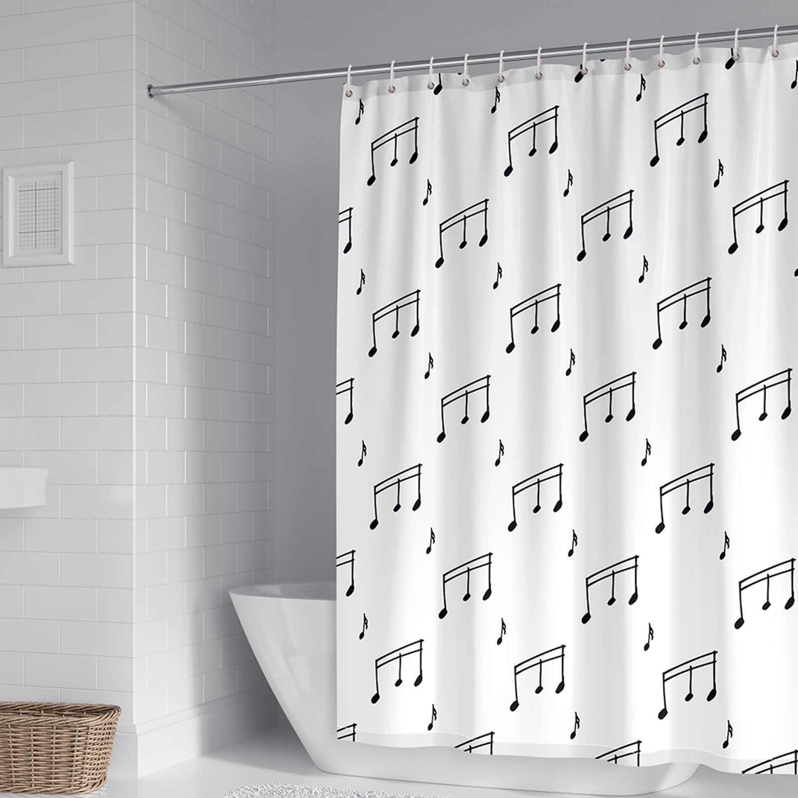 Rideau de douche 300x200cm polyester noir blanc notes musique KnSam