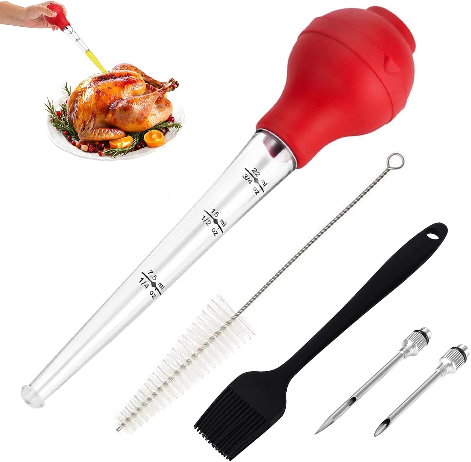 Turkey Baster with Detachable Round Bulb, 2 Detachable Needles, Cleaning Brush and Basting Brush for Meat Poultry Beef Chicken Turkey Cooking