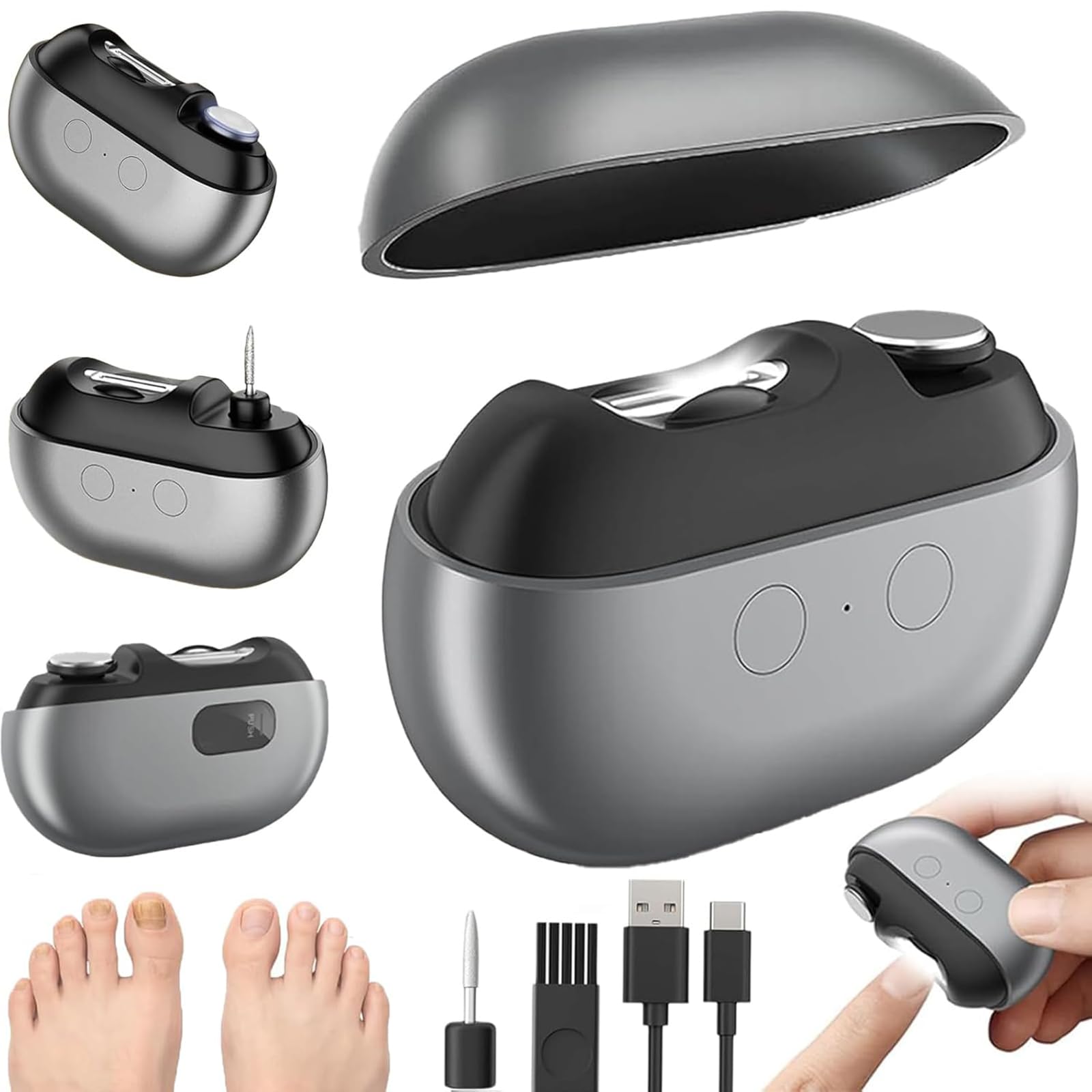 ZVD Tagliaunghie Elettrico Mani e Piedi con Luce Led per Taglio di Precisione,Design Silenzioso per Mani e Piedi,3 in 1 con Testine di Lucidatura,Tagliaunghie Elettrico,Ideale per Anziani (Grigio)