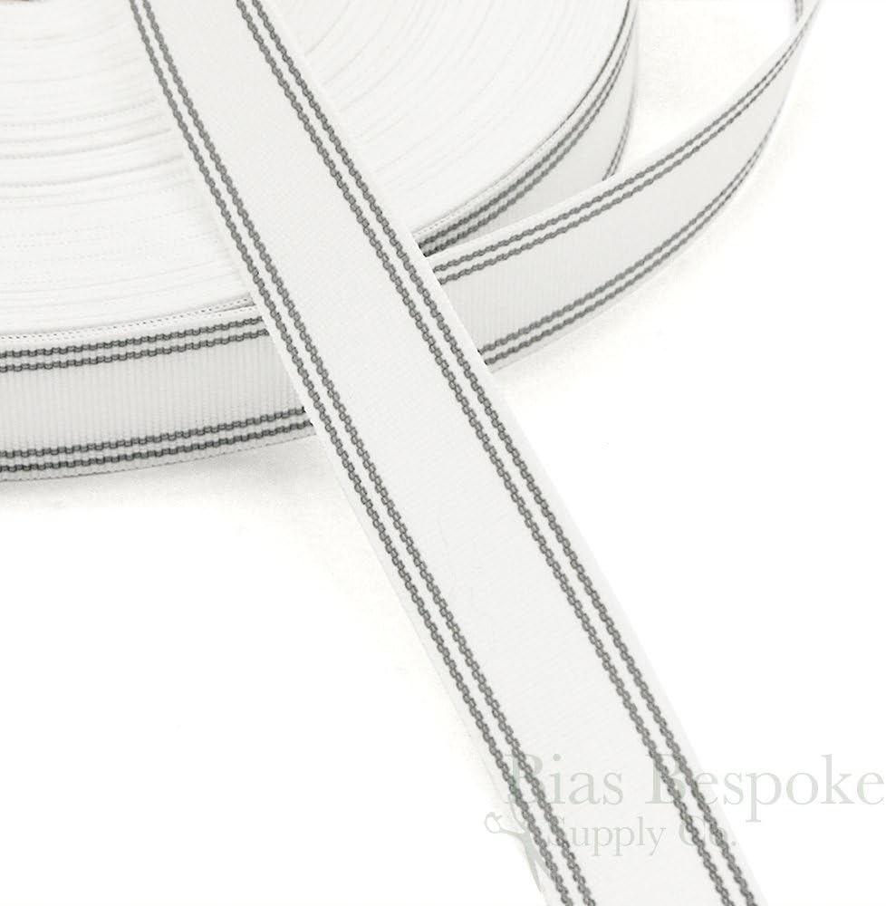 54 Yard Roll of Stiff Petersham Non-Roll Waistbanding, White with Gray Stripes, Made in Poland