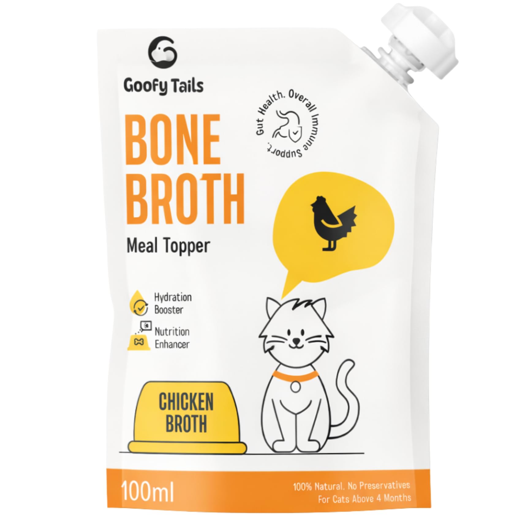 Goofy Tails Chicken Bone Broth for Cats (Value Pack 9+1) 1000 ml (100 ml X 10 Pack), Human Grade, Preservative Free, Gut Friendly Cat Food Topper, Natural Hydrating Liquid Cat Treats, Cat Supplement