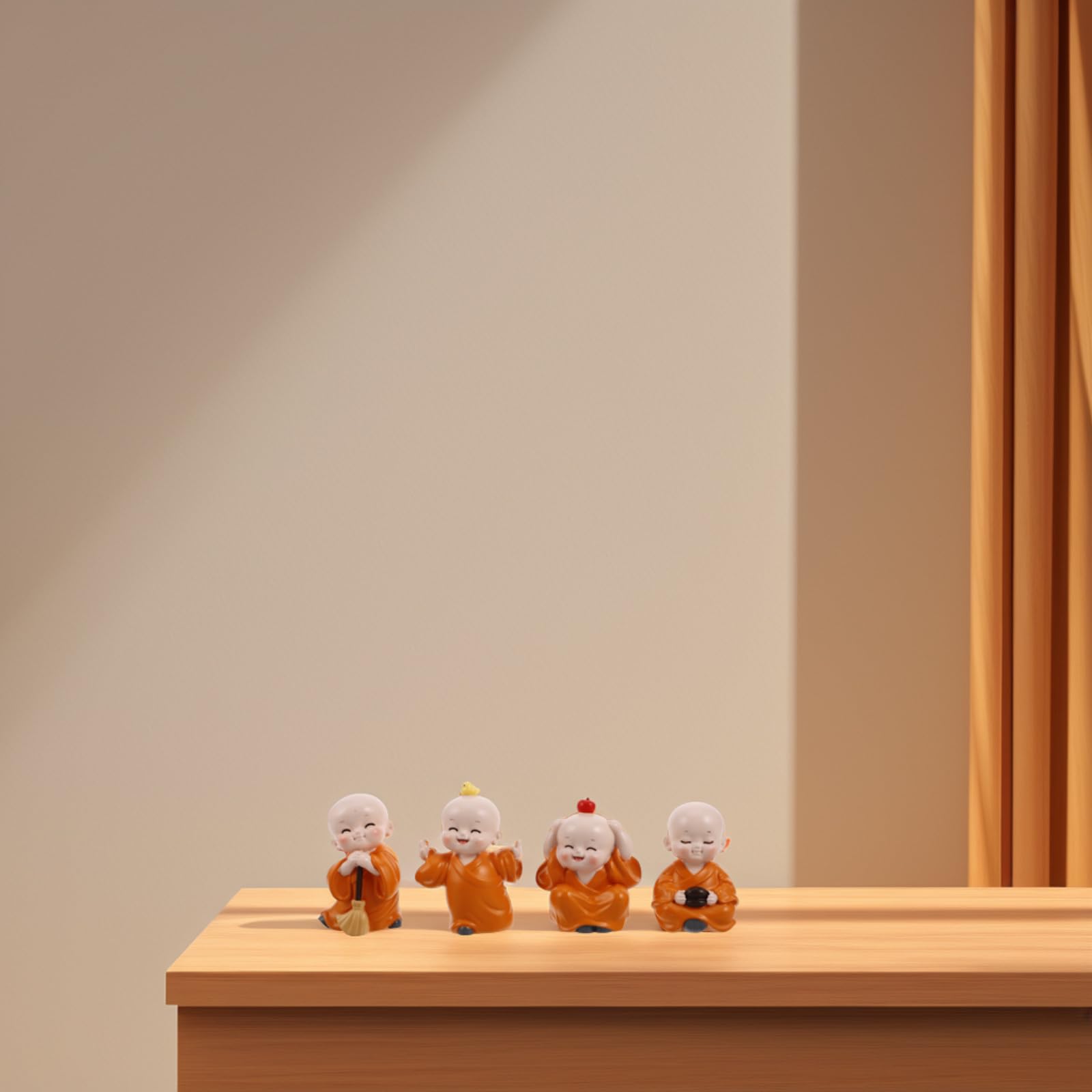 4 Piezas Mini Figuras de Monje de Resina Naranja