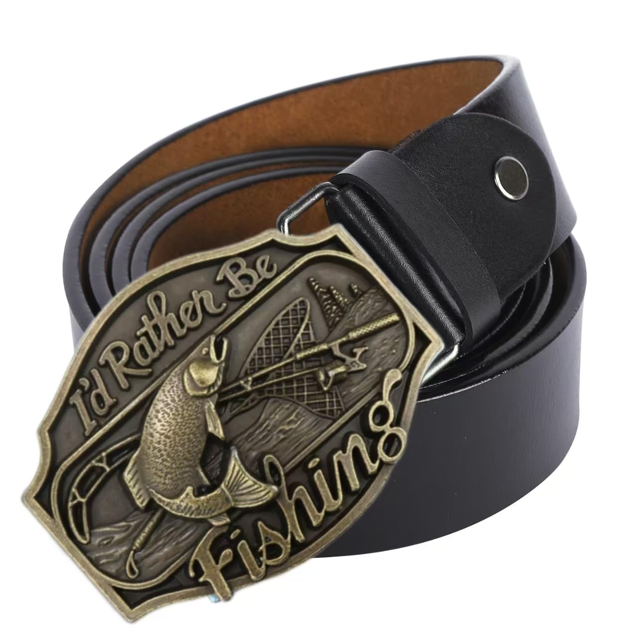 I'd Rather Be Fishing Belt for Men Fishing Belt Buckle with Genuine Leather Strap, Western Style Fisherman Waist Belt
