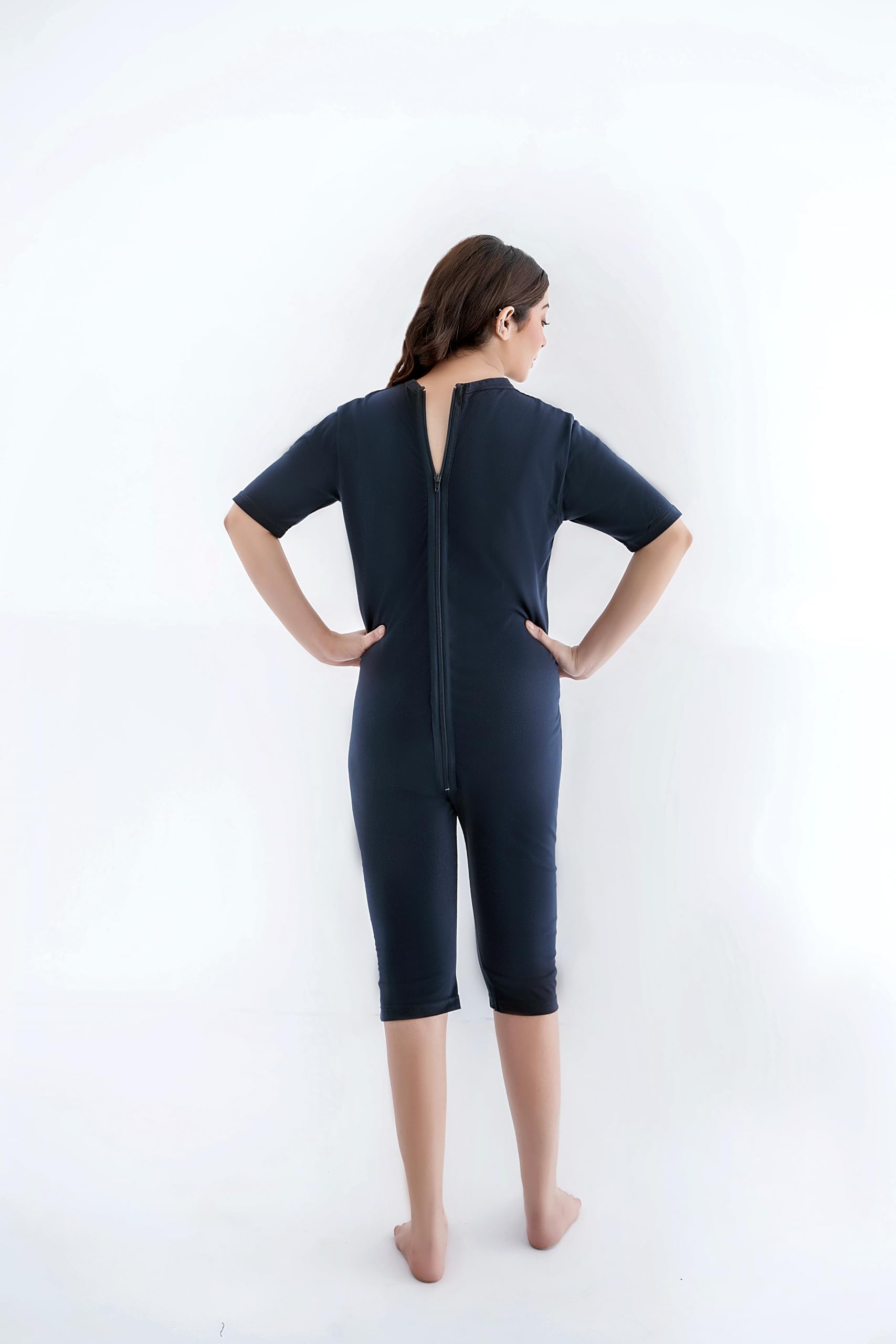 Comfort & Care Apparel Unisex Care Body Undershirt i majtki piżama, krótki rękaw, ciemnoniebieski garnitur z zamkiem błyskawicznym z tyłu, nietrzymanie moczu dla seniorów i demencji