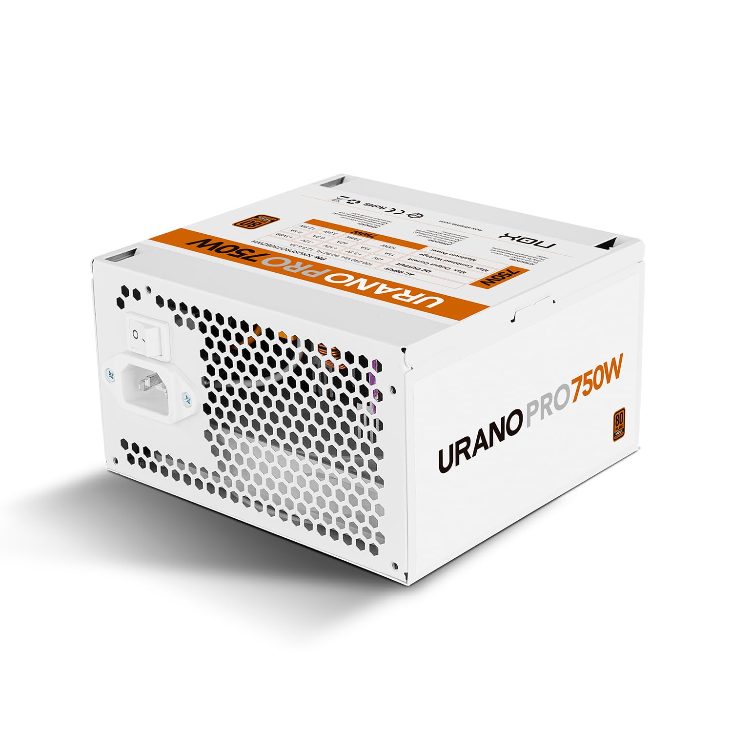NOX Xtreme Products URANO Pro 750 W White 80 Plus Bronze – ATX-Netzteil mit leisem 120-mm-PWM-Lüfter, umfassendem Schutz (OVP, UVP, OPP, SCP, OTP), aktiver PFC, extra Langen Flachkabeln