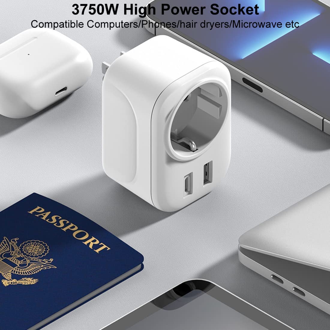 Superpow Adattatore Presa da Viaggio, Adattatore Spina Americana, Presa AC Internazionale Adattatore Universale da Viaggio con 1 USB e 1 Type-C, Adattatore per USA Canada Messico Thailandia, tipo B
