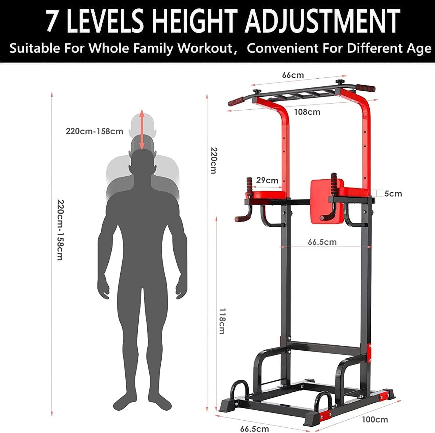 TLGREEN Multifunktionale Power Tower Dip Station Klimmzugstange Freistehend Höhenverstellbar von 158-220cm Home Gym Kraftstation Kraftturm Trainingsgerät für Zuhause Pull Up Bar
