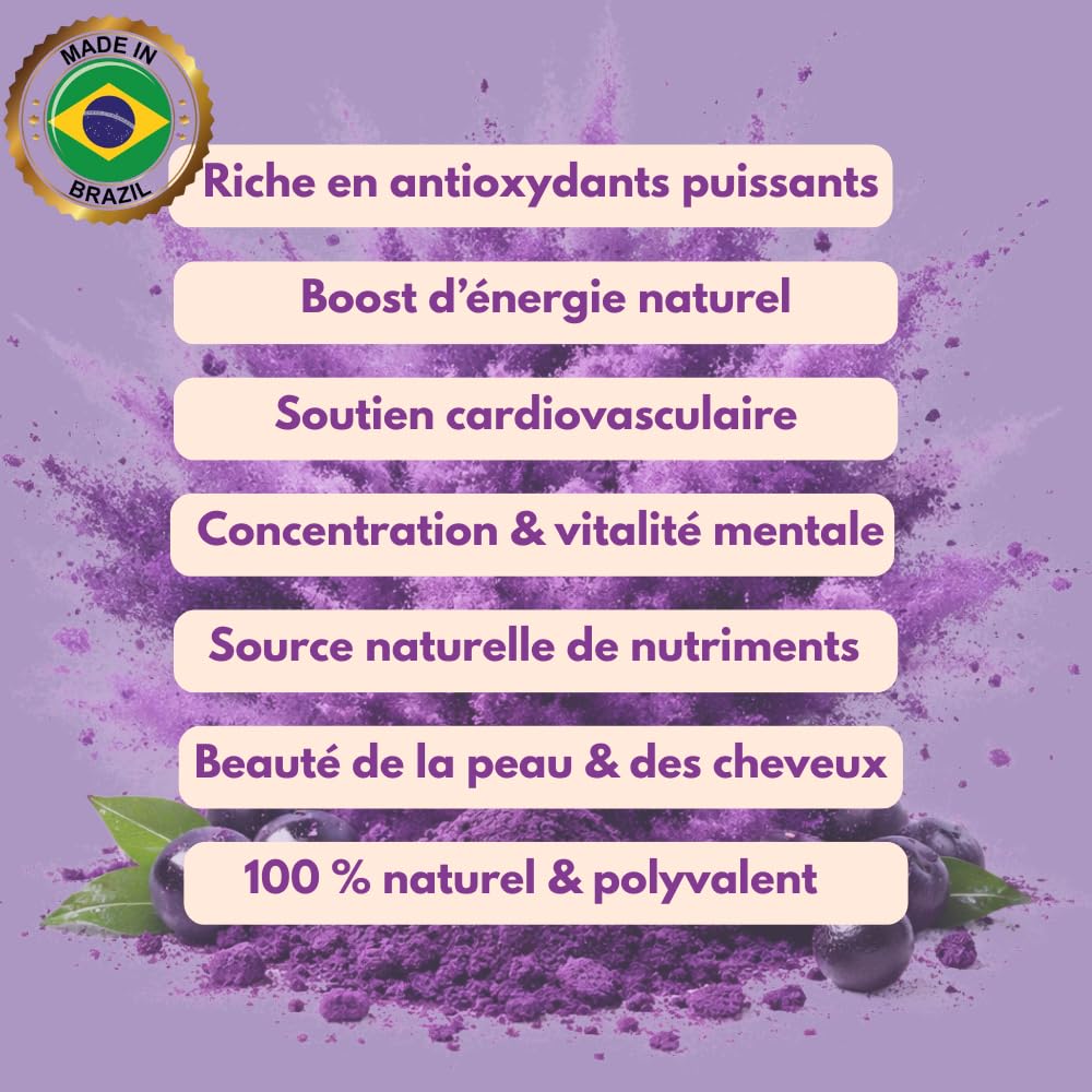Açai Powder ◕ 100g ◕ 100% Czysty naturalny proszek Açai ◕ Jakość premium - klasa A ◕ Bez dodatków lub barwników ◕ Wegańskie i bezglutenowe ◕ Idealny do napojów, ciast i miski acai