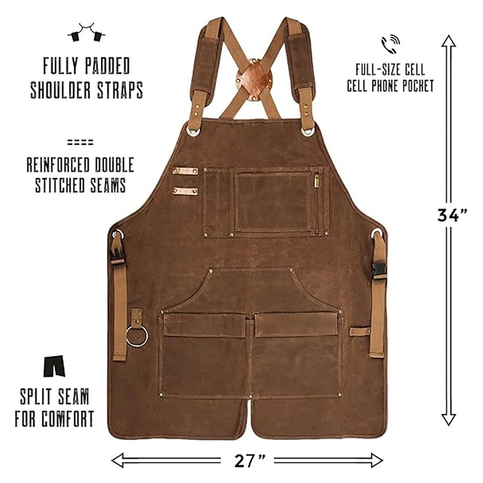 Delantal De Trabajo De Lona Encerada Resistente, Delantal De Herramientas Ajustable con Bolsillos para Carpintería, Soldadura,One Size,Brown