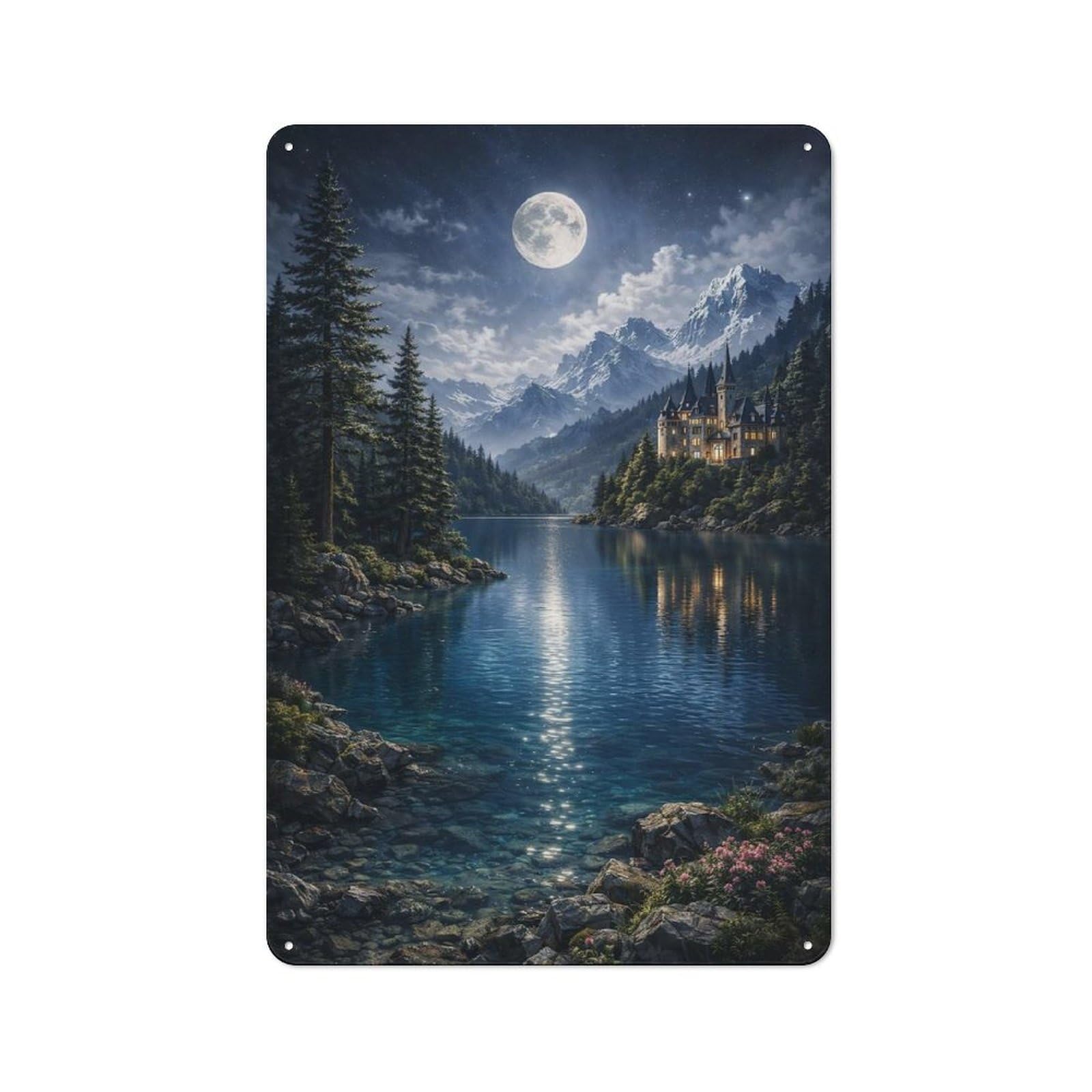 Junmoney Style-15 Vintage Tin Sign 30X20cm With Enchanted Castle By Moonlit Lake For Home Bar Wall, Metal Sign Decor For Home Bars And Entertaining Spaces