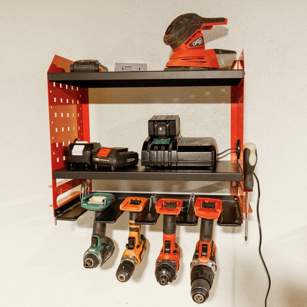 Étagère Murale Rangement Outils Électroportatifs - pour Perceuse - Meuleuse - 4 emplacements - Passage pour Câbles - 45kg