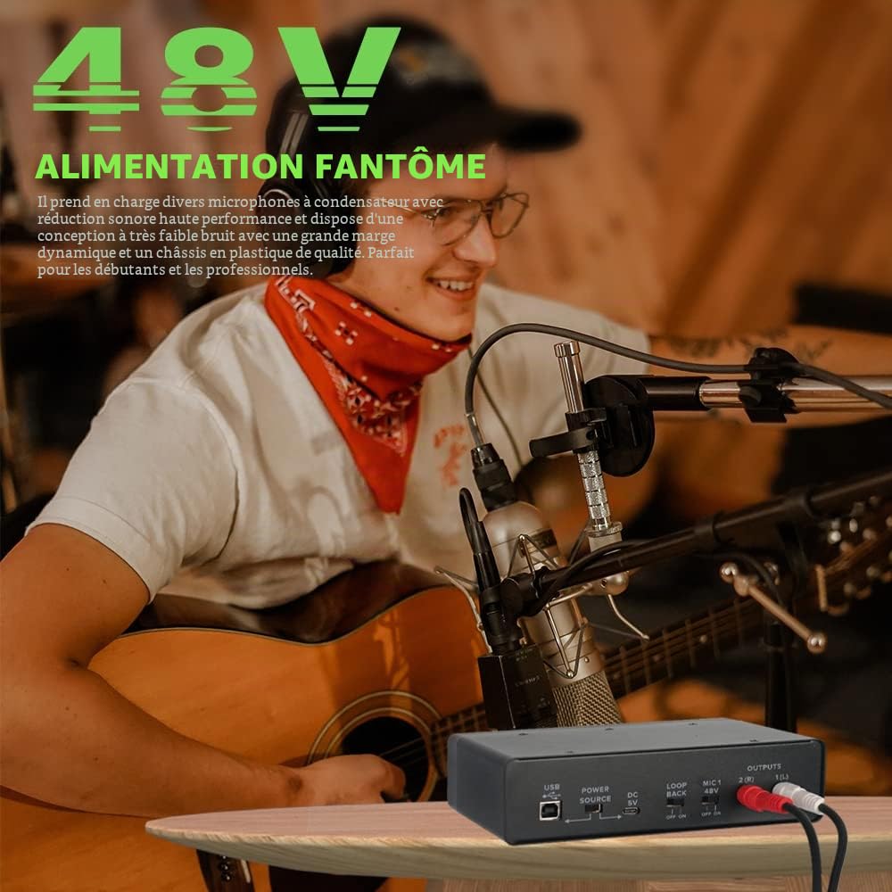 BOMGE Interface audio USB (24 bits/192 kHz) avec XLR, alimentation fantôme, surveillance directe, boucle arrière pour enregistrement PC, streaming, guitariste, chanteur et podcast