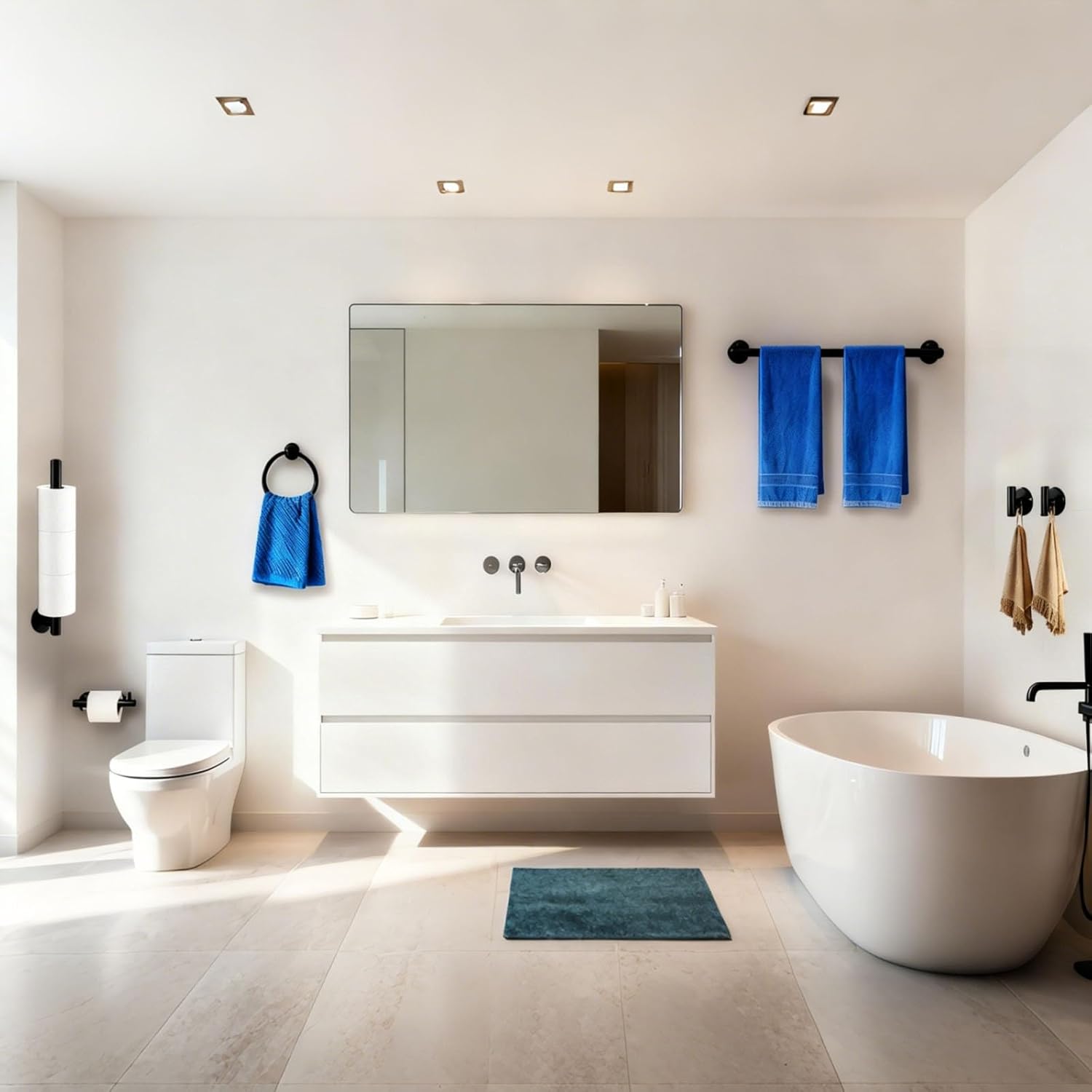 7-Piece Matte Black Bathroom Hardware Set - 7-in-1 Towel Rack Set, 23.6-inch SUS304 Stainless Steel Towel Bar and Toilet Paper Holder | Modern Black Bathroom Accessories (7, Black-7)