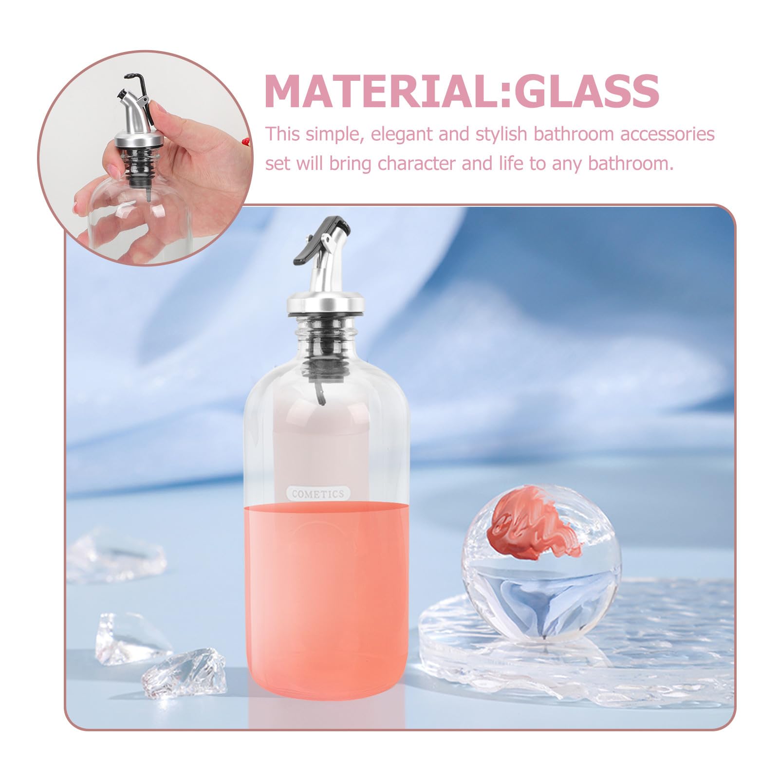Mundwasserspender aus Glas und Edelstahl 500ml, 2 Stück | Trichter Plus Mundbecher im Lieferumfang, Geeignet für Zuhause, Hotel, Glatt Poliert, Klassisch Elegant
