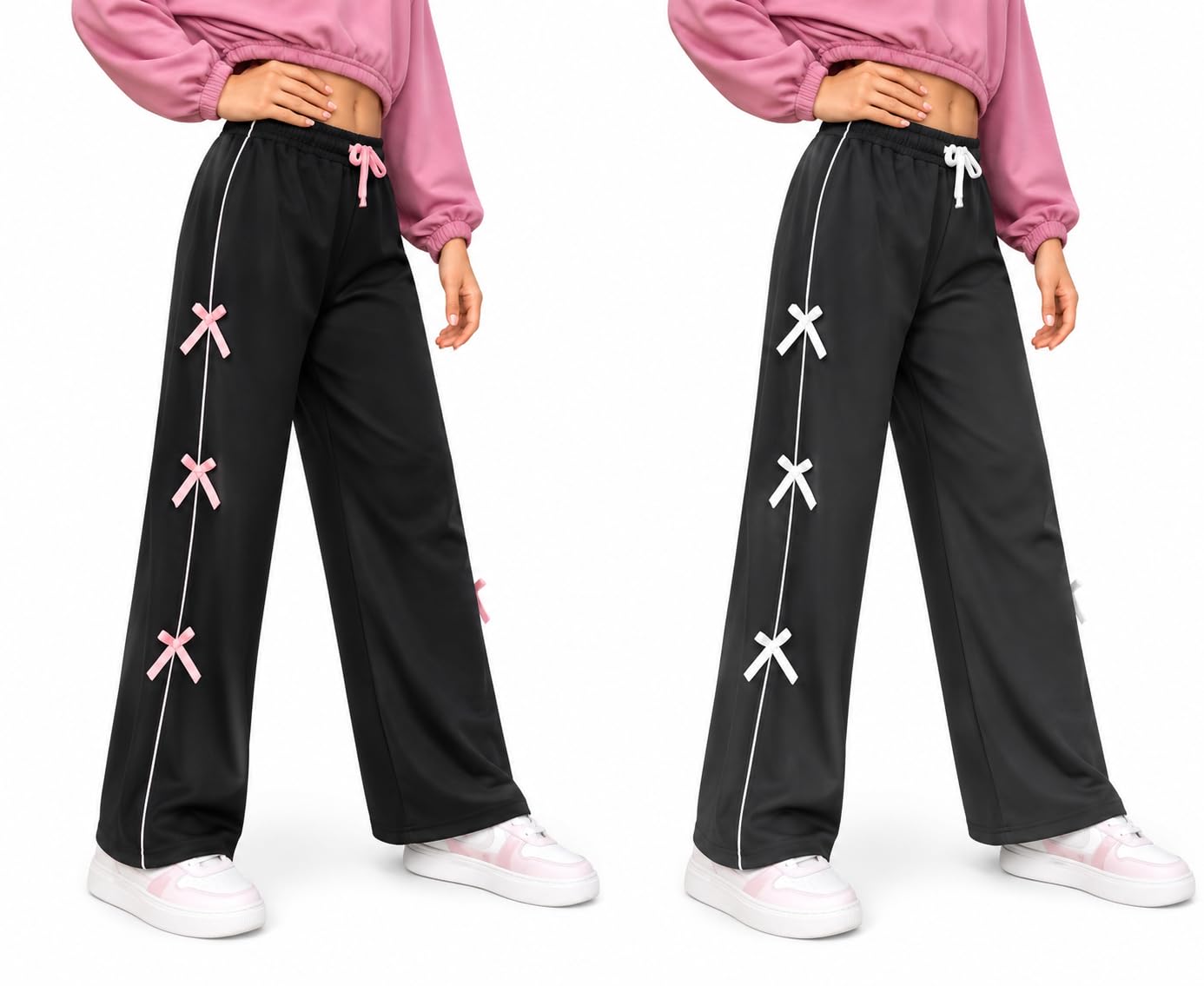 Women's Wide Leg Cargo Sweatpants, Drawstring Elastic Waist, Side Pockets, Black and Pink-picture-54