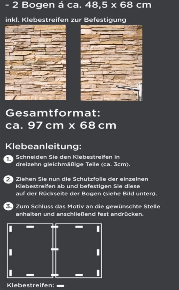 KLINOO Küchenrückwand aus Folie in Steinoptik als Spritzschutz - zuschneidbar und erweiterbar - 97cm x 68cm (Naturstein beige)