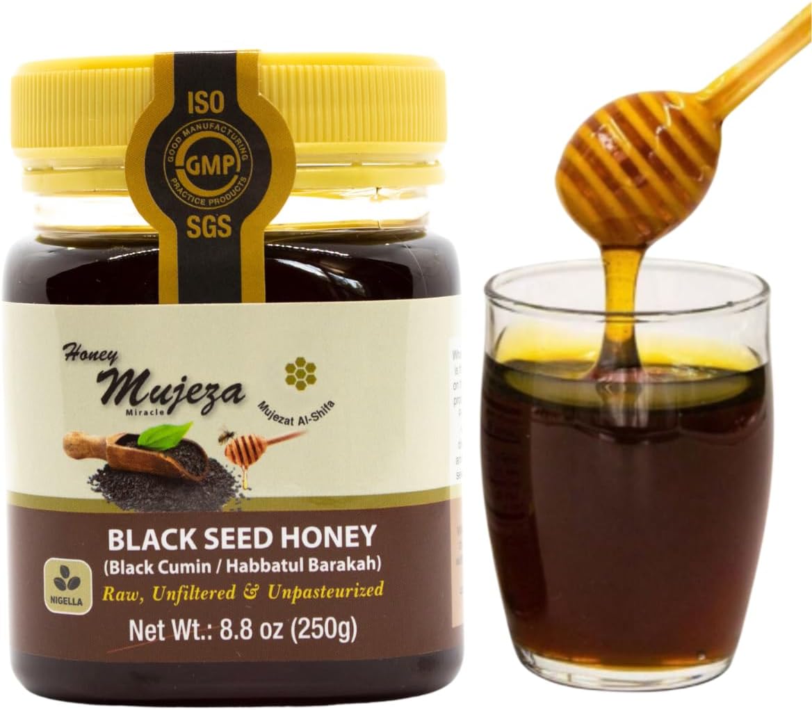 Black Seed Honey - (Black cumin - Nigella Seeds) - Not Mixed with Oil or Powder - Gluten Free - Non GMO - Organic Honey - Immune Booster - 100% Natural Raw Honey 250g / 8.8oz