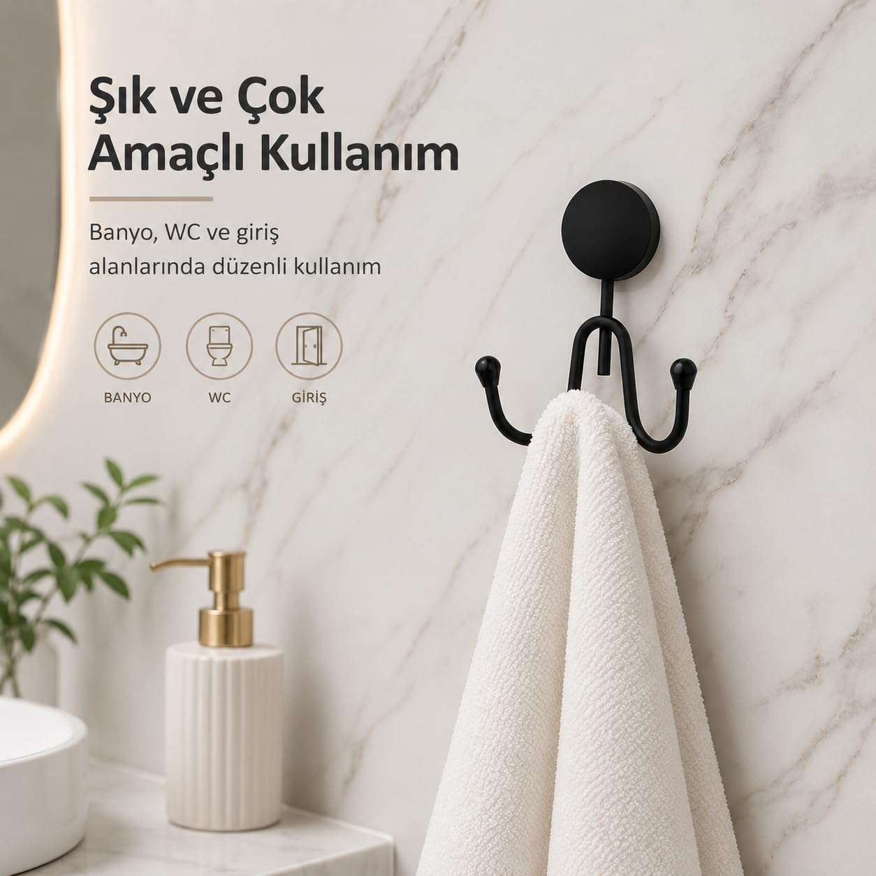 Alper Banyo Lotus Siyah İkili Havlu Askılığı, Yapışkanlı ve Vidalı Montajlı Duvar Askısı, Mat Siyah Statik Boyama, 35 mm Oval Bantlı Banyo Askısı