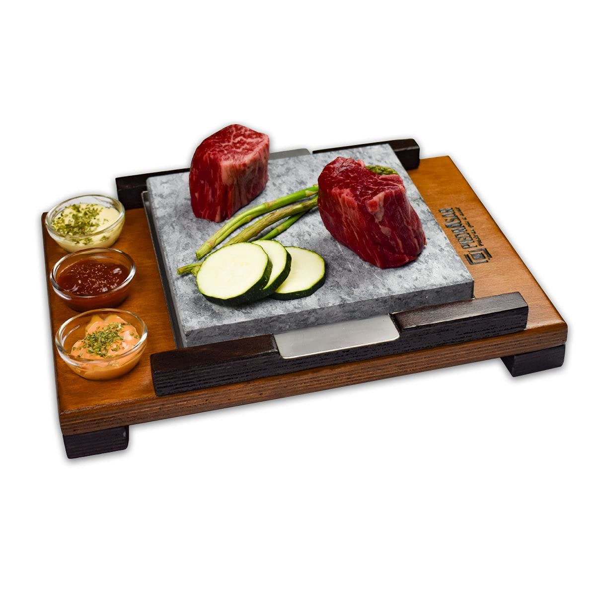 Set 4 Pietre Per Carne Personalizzate - 20x20 Cm Con Base Legno E Sollevatore - Ideale Per Ristoranti O Regali - Cucina Sana Su Pietra Lavica