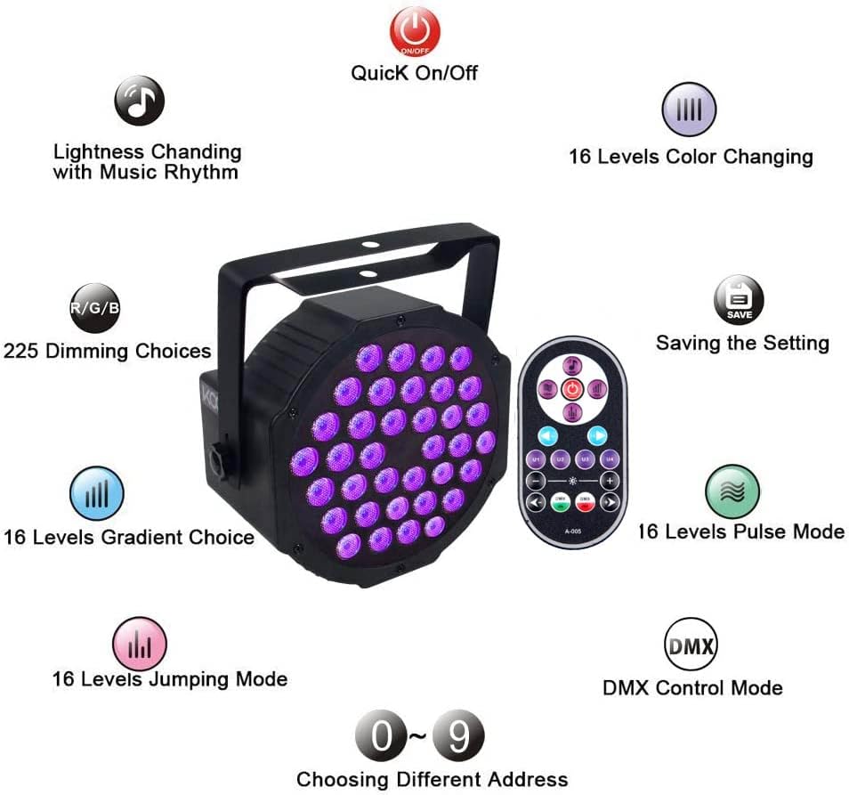 36LED RGB Luz De Escenario Luz PAR Luz De Discoteca Con Haz DMX De 7 Modos Interior Paquete De 4 P 010874479355