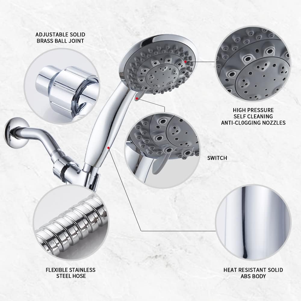 Shower Head with Handheld 7 Settings High Pressure Shower Head with Hose 5FT and Angle Adjustable Bracket - Chrome