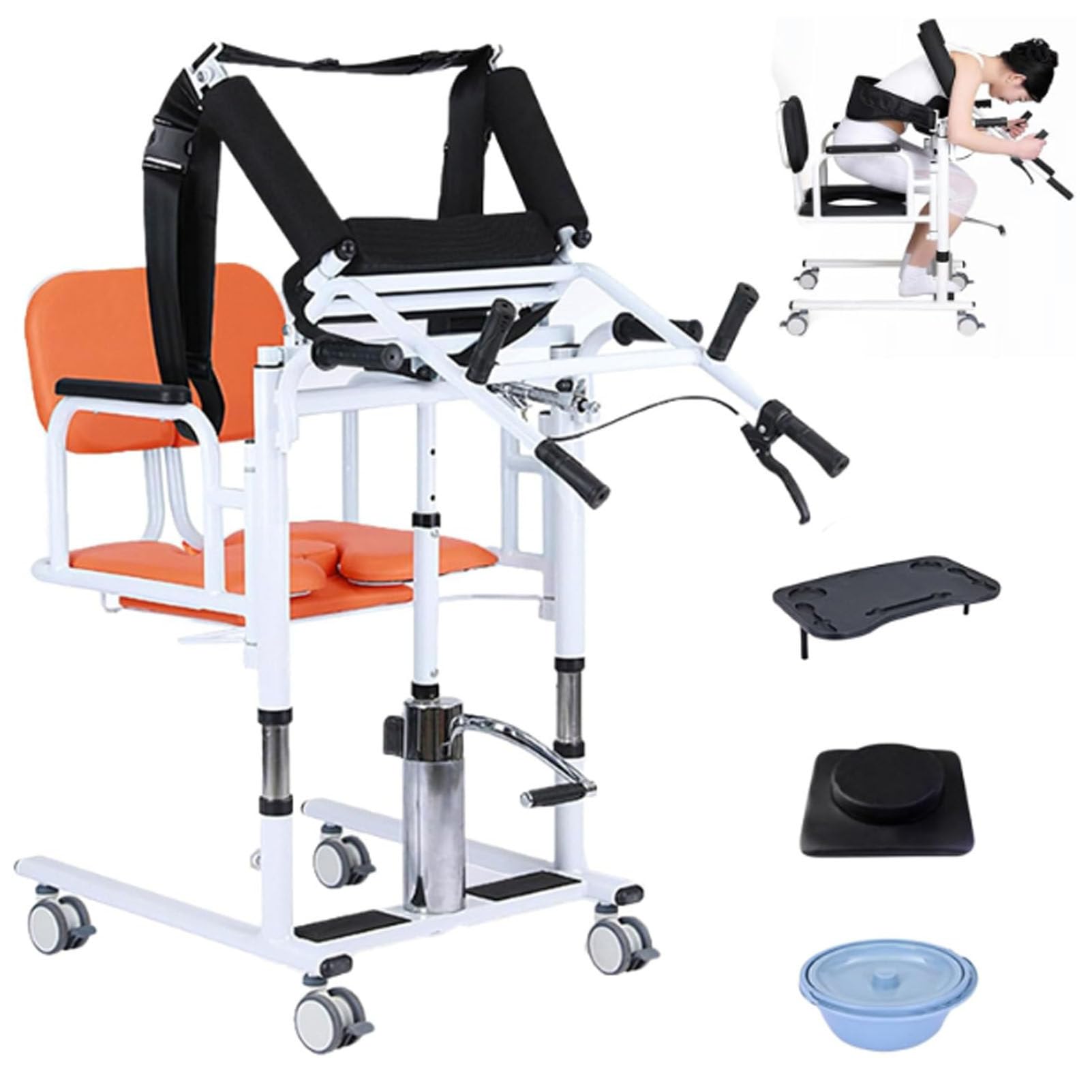 Silla elevadora de traslado mejorada con soportes de elevación para el hogar, silla de ruedas elevadora de pacientes, elevación de enfermería de altura ajustable con 4 ruedas para cuidadores Orange