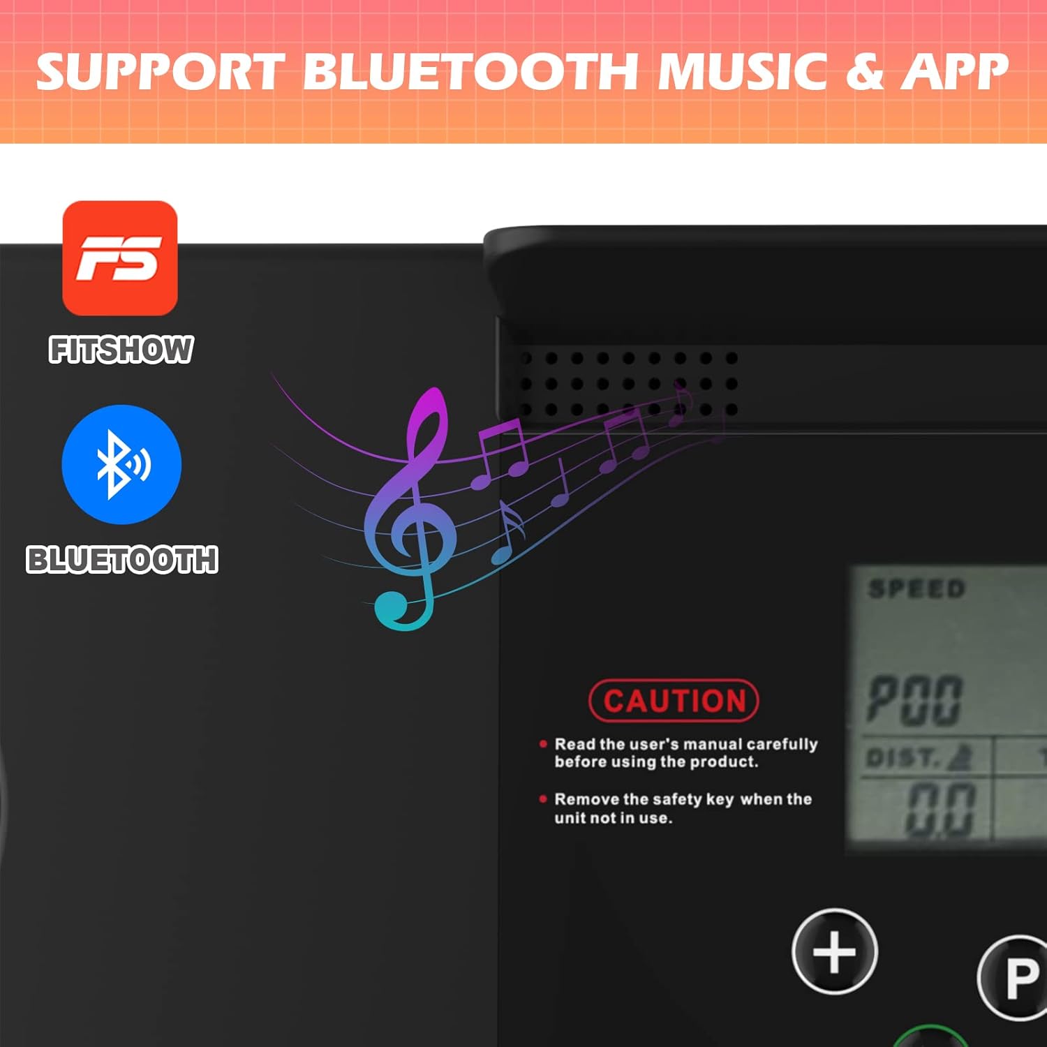ADVWIN Treadmill control panel showing FitShow app logo, Bluetooth icon, and musical notes, indicating support for Bluetooth music and app control.