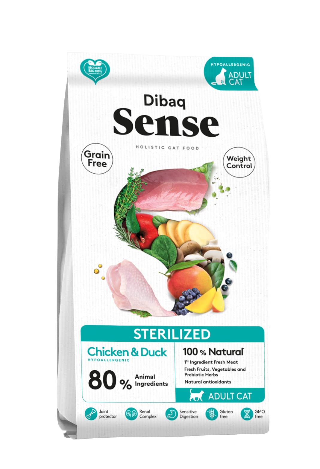 Dibaq Sense Cat Sterilized: pienso de Pollo y Pavo, Especial para Gatos esterilizados. 100% Natural y sin Cereales. 1,5 kg