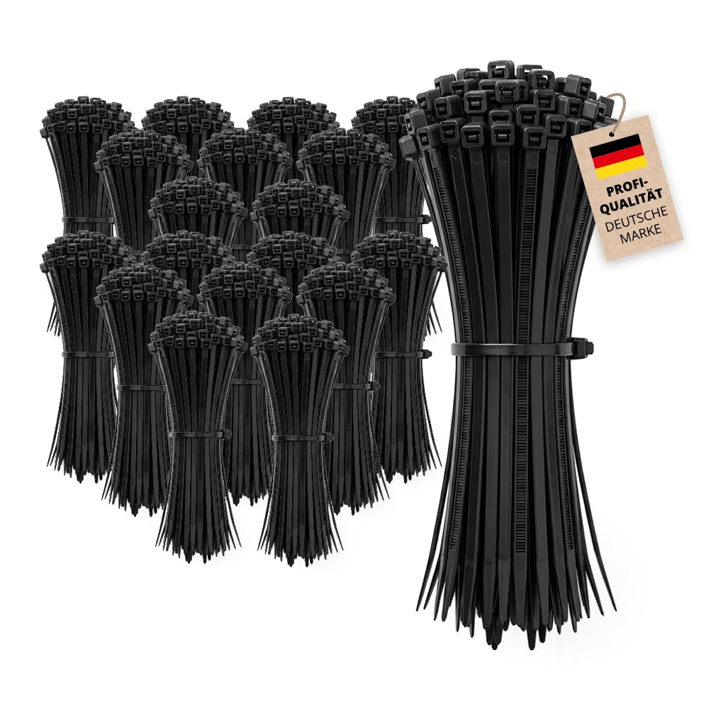 2000x Alfa Kabelbinder Schwarz 360 x 4,5 mm – Nylon UV-beständig Profi | Profi Qualität - UV-beständige Kunststoffbinder, extrem robust, für innen & außen, temperaturbeständig, Made in Germany