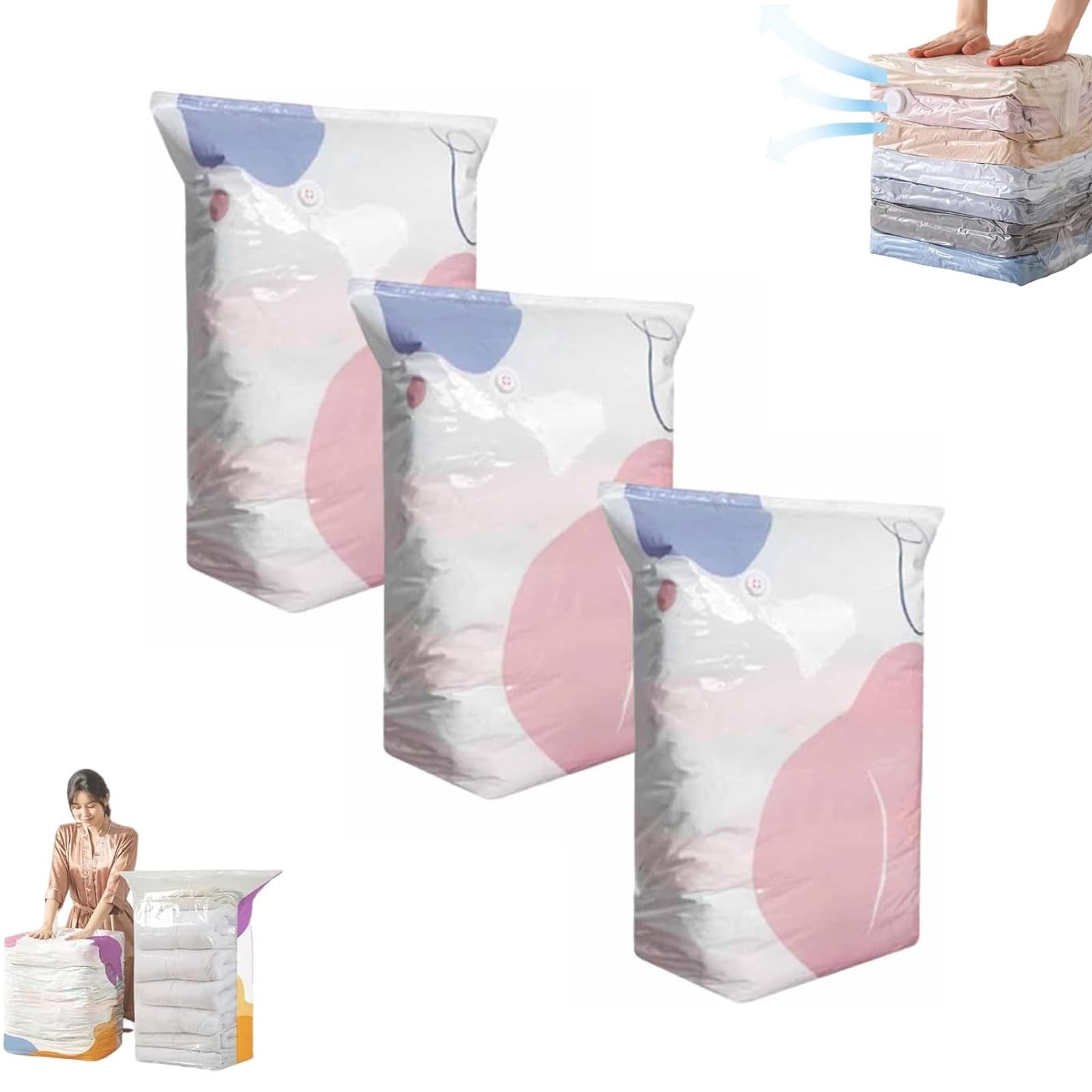 No‑Pump Vacuum Storage Bags, Press & Seal Large Cube Vacuum Seal Bags,Space Saving Self Compression Organizer For Clothes,Comforters，Blankets,Bedding(L*3)