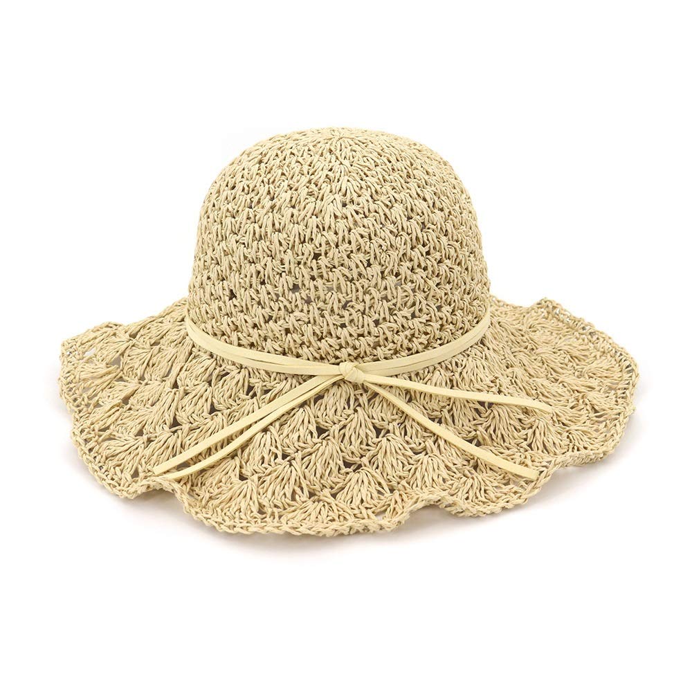LIWENCUI--UAELIWENCUI Lady Sun Hat Summer Women Folding Crochet Hollow Sun Hat Dome Sombrero Straw Hat Beach Hat (Color : Light Khaki, Size : 56-58cm)