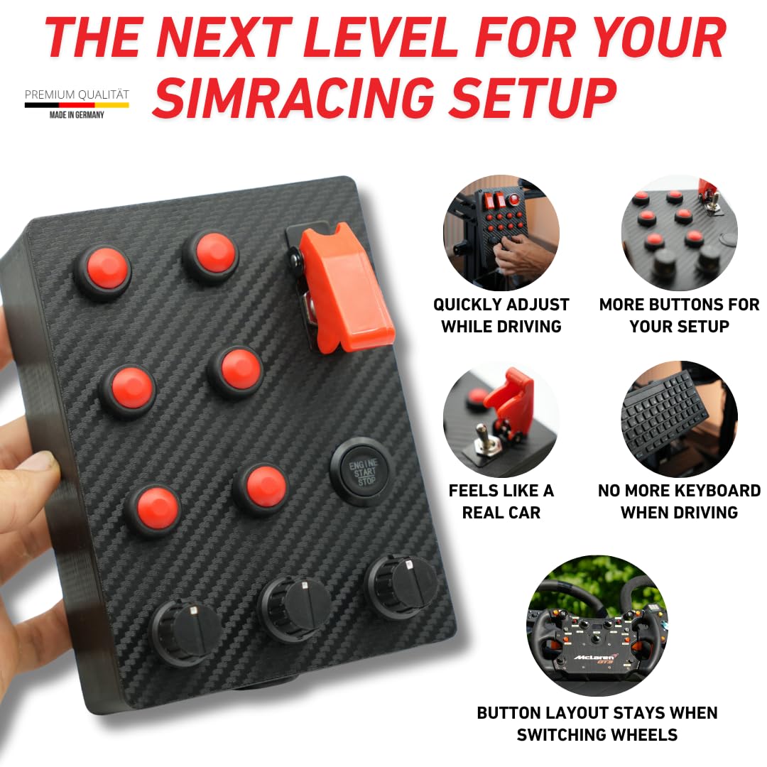 GTM-M2 SimRacing Button Box mit 17 Funktionen – PC-Seitenkonsole für Simracer | LED-Engine-Start & Zündschalter mit Sicherheitskappe | USB Plug & Play | SimHub-kompatibel | Sticker & Mount inkl.