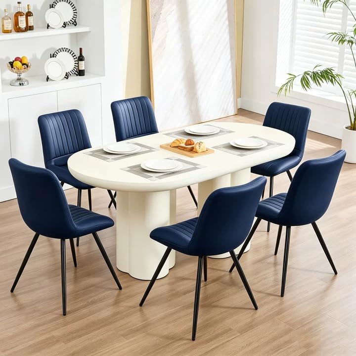 Image of Dining Chairs Set of 6, Modern Dining Chairs with Thick Cushions, Faux Leather Upholstered Kitchen Dining Room Chairs with Metal Legs for Dining Living Room (Navy Blue)
