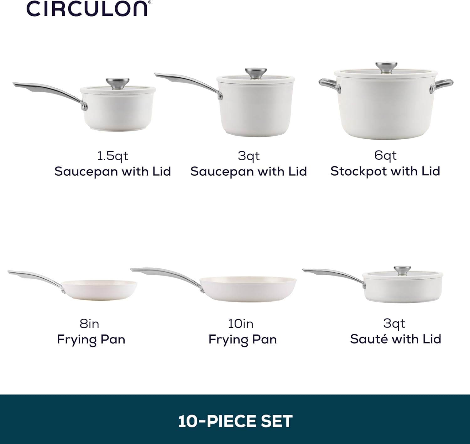 Circulon Halo Ceramic Nonstick Induction Suitable, Oven Safe, 10-Piece Set, Dishwasher Safe - Pearl White