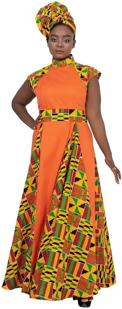ABCWAX African Dresses for Women Long Skirt Traditional Ankara Kente Print Casual with Scarf