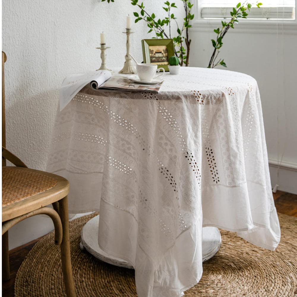 Nappe de table coton lin blanche 90x90 cm brodée style pastoral creux