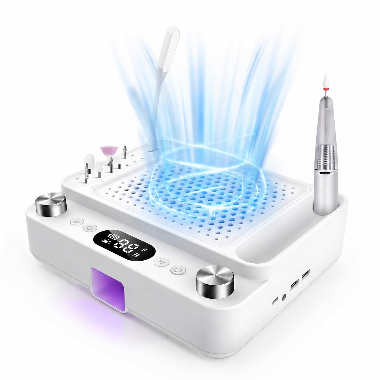 5-in-1 Nail Dust Collector with Drill, UV Lamp, LED Light & USB Charger | Professional Manicure Station with 40-Speed Drill & Hidden Storage