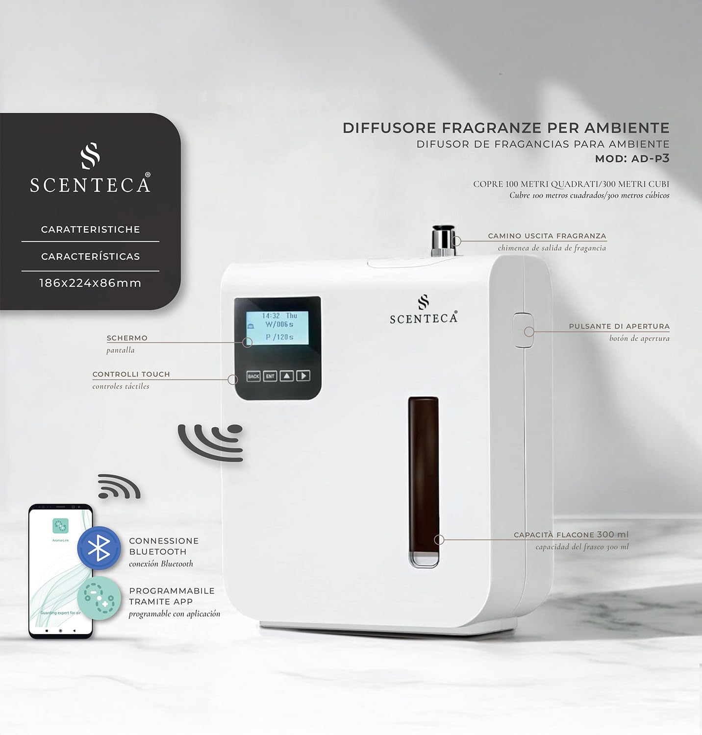 SCENTECA Difusor eléctrico de aceites esenciales Modelo AD-P3, con fragancia de Té Blanco y Flores de Primavera incluida, nebulización en frío, cobertura de hasta 100 m², para casa y oficina (100 ML)