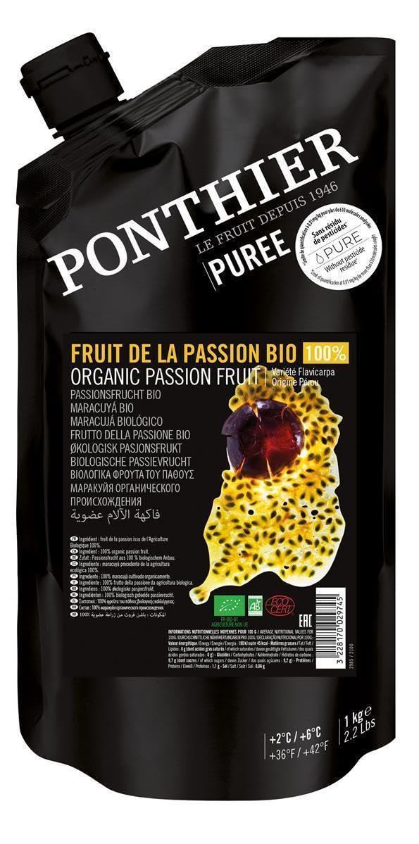 Ponthier BIO Passionsfrucht-Püree - 5x 1kg - Tropische Maracuja, süß-säuerlich, ideal für Shakes, Desserts, Smoothies, Cocktails, Bowls und Müslis