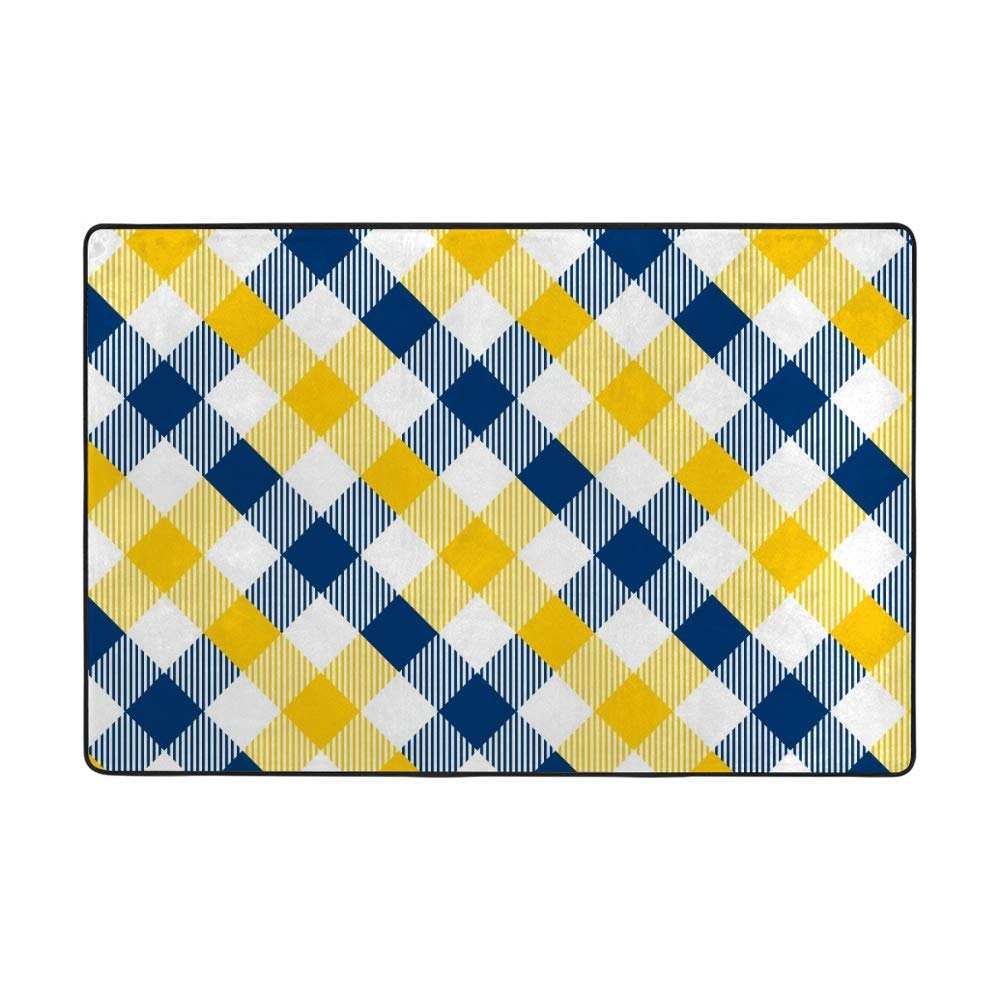 Grand tapis de sol lavable bleu et jaune à motifs losanges pour la décoration du salon