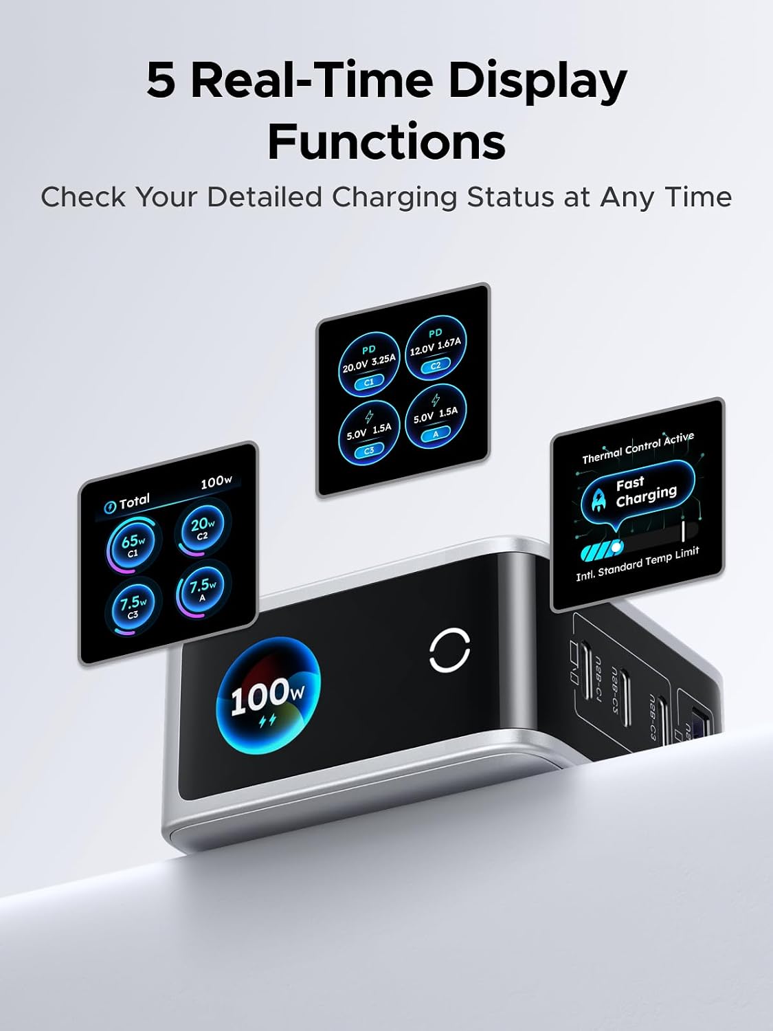 UGREEN Nexode Pro 100W Charger with 4-Port & Smart Display, GaN USB C Fast Wall Charger Block, Type-C Charging Compatible with MacBook Pro/Air, iPhone 17/16 Series, Galaxy, iPad Pro, Steam Deck