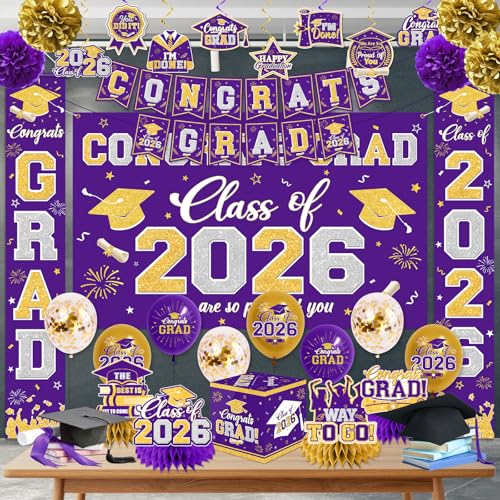 Image of Graduation Decorations Class of 2026 Purple and Gold Graduation Decorations with Congrats Grad Banner,Backdrop,Porch Sign,Balloons,Hanging Swirls,Honeycomb Centerpieces,Box for Graduation Party Decor