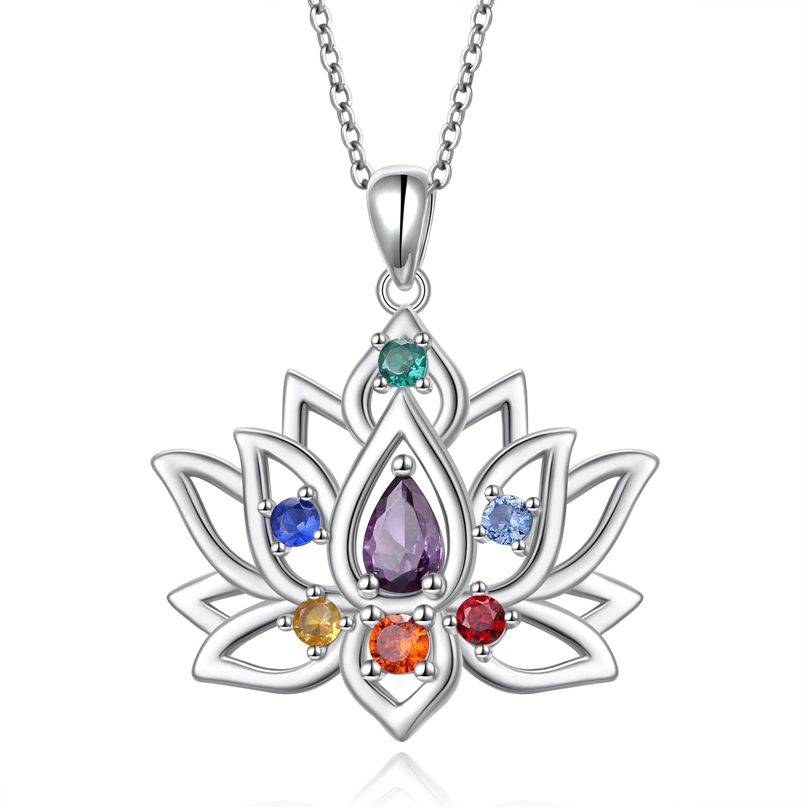 Flyow Juego de joyas Lotus Chakra de plata de ley 925 con 7 chakras, pendientes y collar de yoga, flor de loto, regalo para mujer, 0,87*1,03 Zoll, Plata esterlina