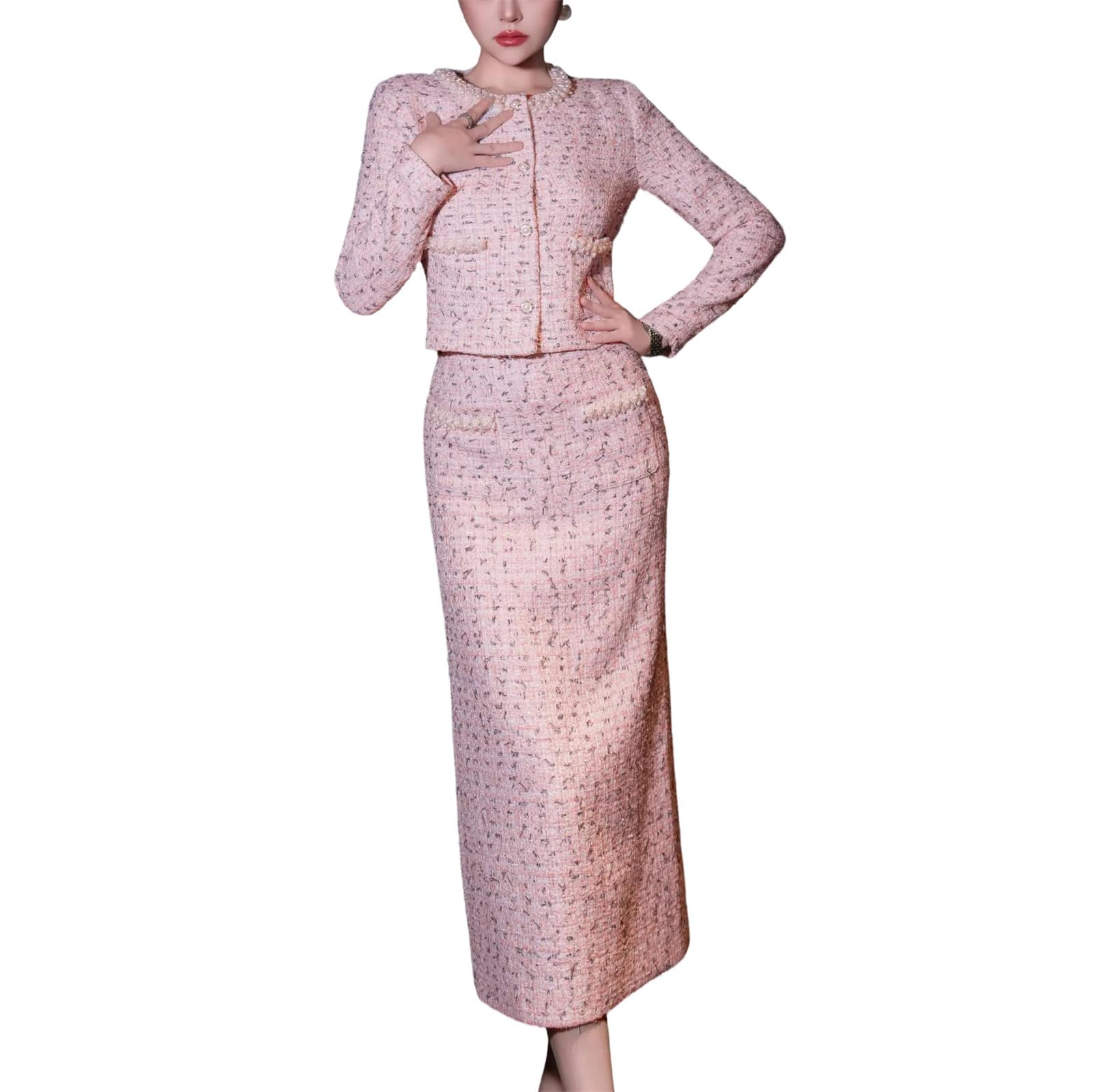 Womens Pearls Beaded Tweed Jacket and Long Skirt Set Elegant Two Piece Outfit Fashion Business Suit for Party
