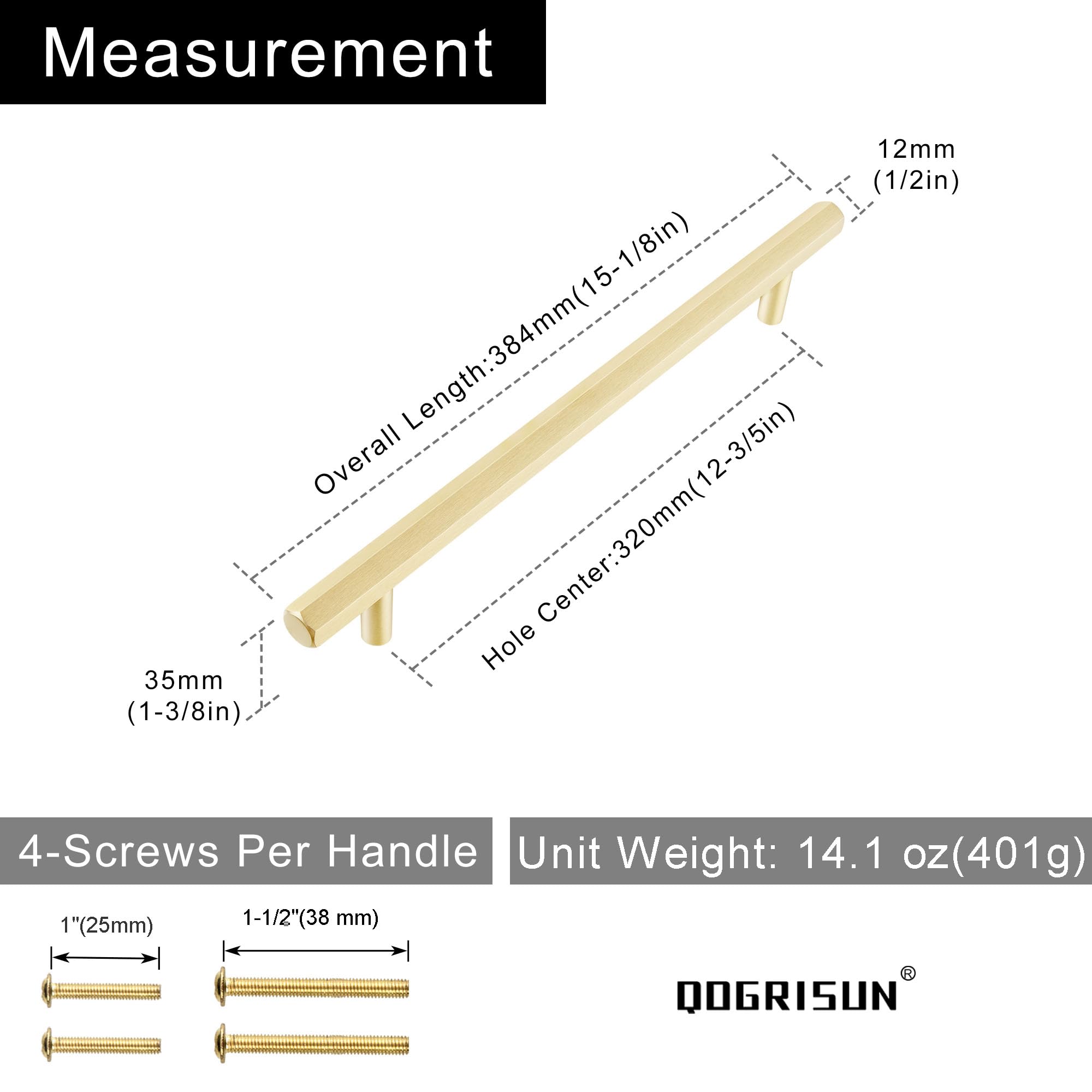 QOGRISUN Paquete de 2 tiradores hexagonales de latón macizo para cajones, centro de agujero de 12-3/5 pulgadas, adecuados para accesorios de cocina, baño, tocador, armario, longitud total de 15.1