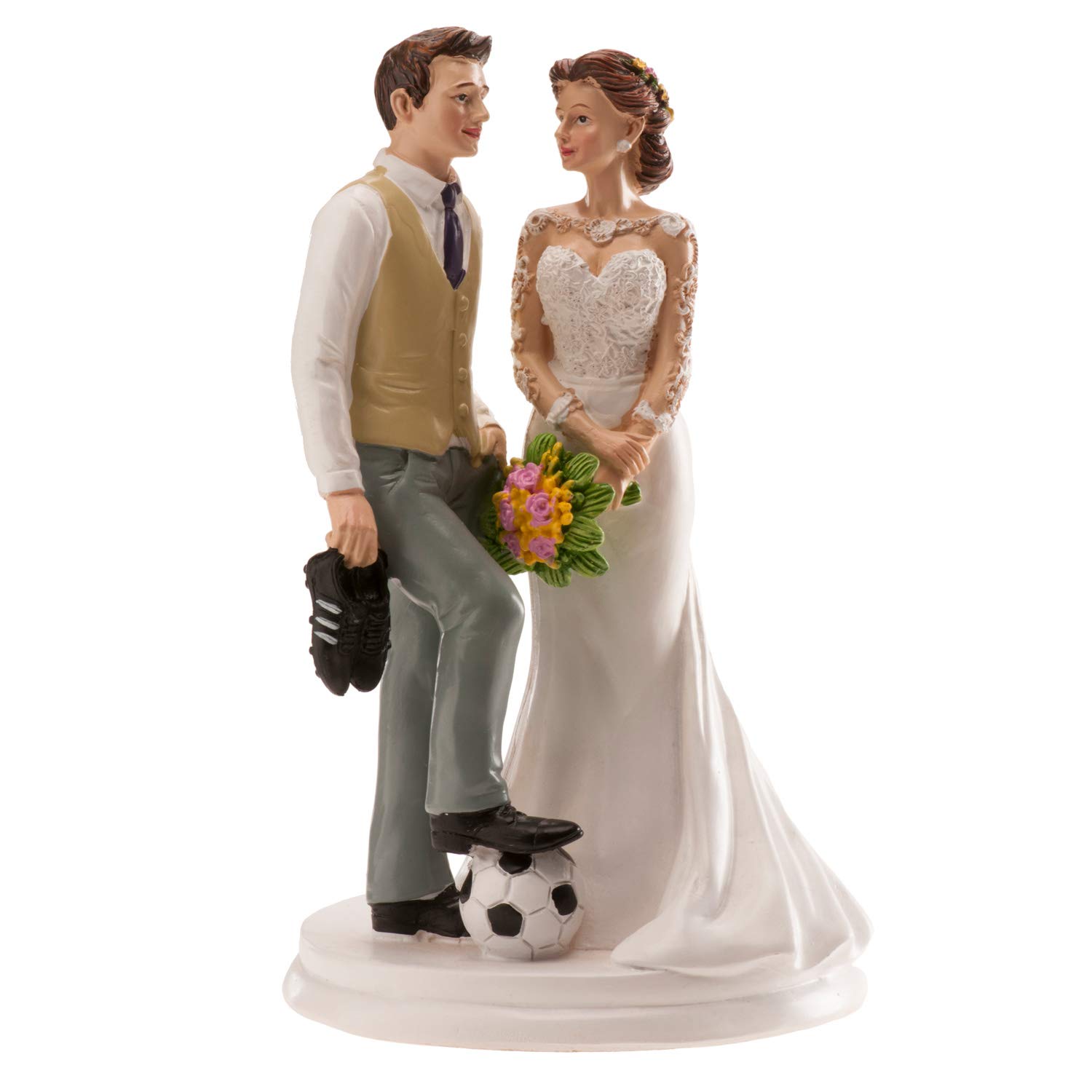 dekora – Sposini per Torta Matrimonio “Coppia di sposi calcio” 18 cm – Cake topper Matrimonio in Resina, Statuine Sposi per torta Nuziale – Base adatta al contatto alimentare