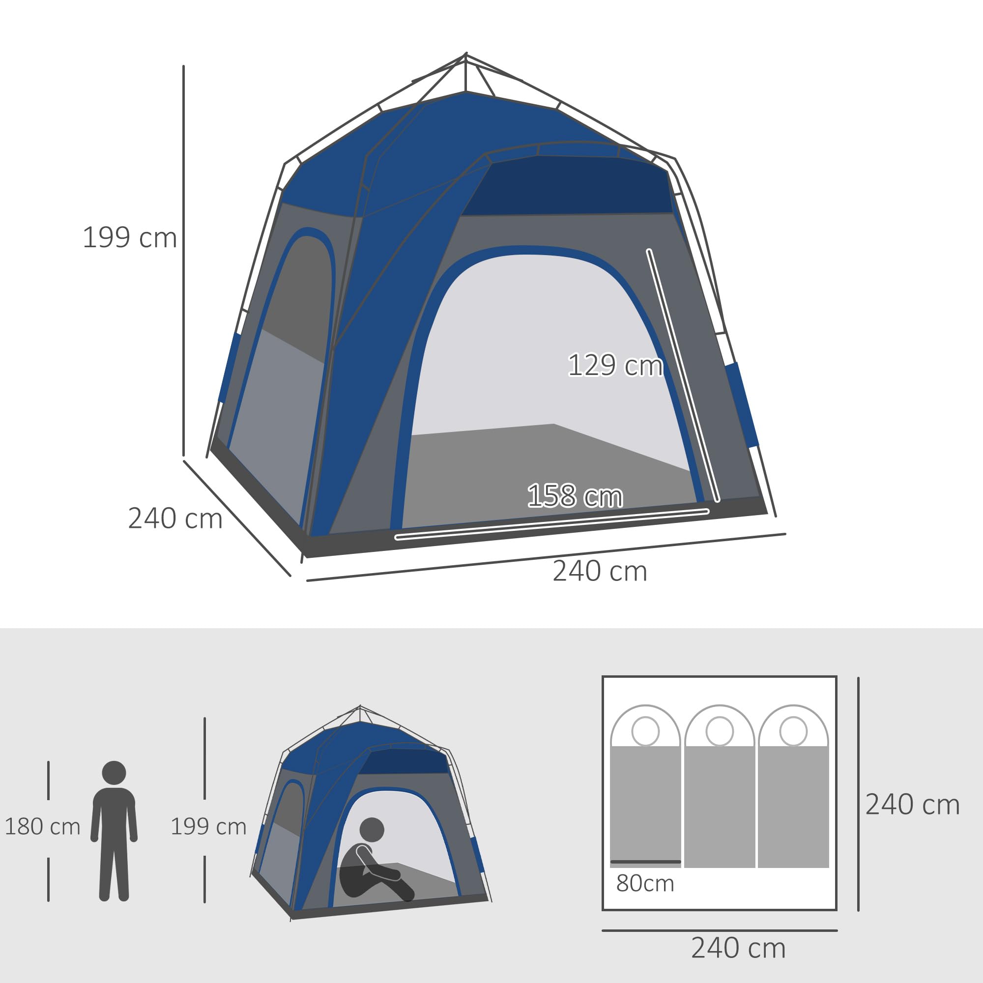 Outsunny Pop Up namiot kopułkowy dla 3 osób UV 50+ Niebieski | 4 drzwi, okna, haki, podłoga, lekki, stabilny, namiot rodzinny, 1000mm słup wody, do campingu, podróży, trekkingu, ogrodu