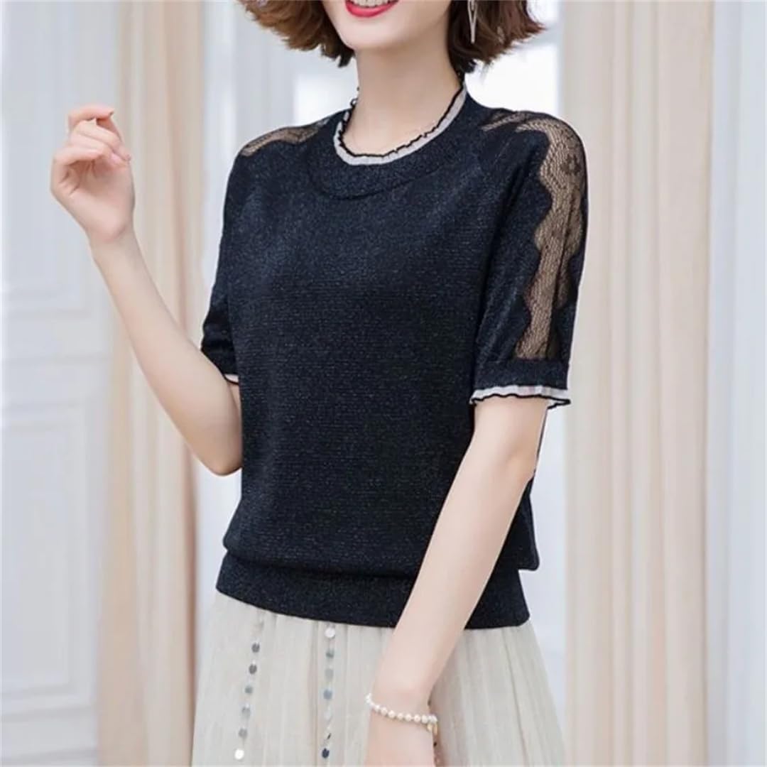 Maglieria estiva da donna a maniche corte in pizzo traforato girocollo casual top