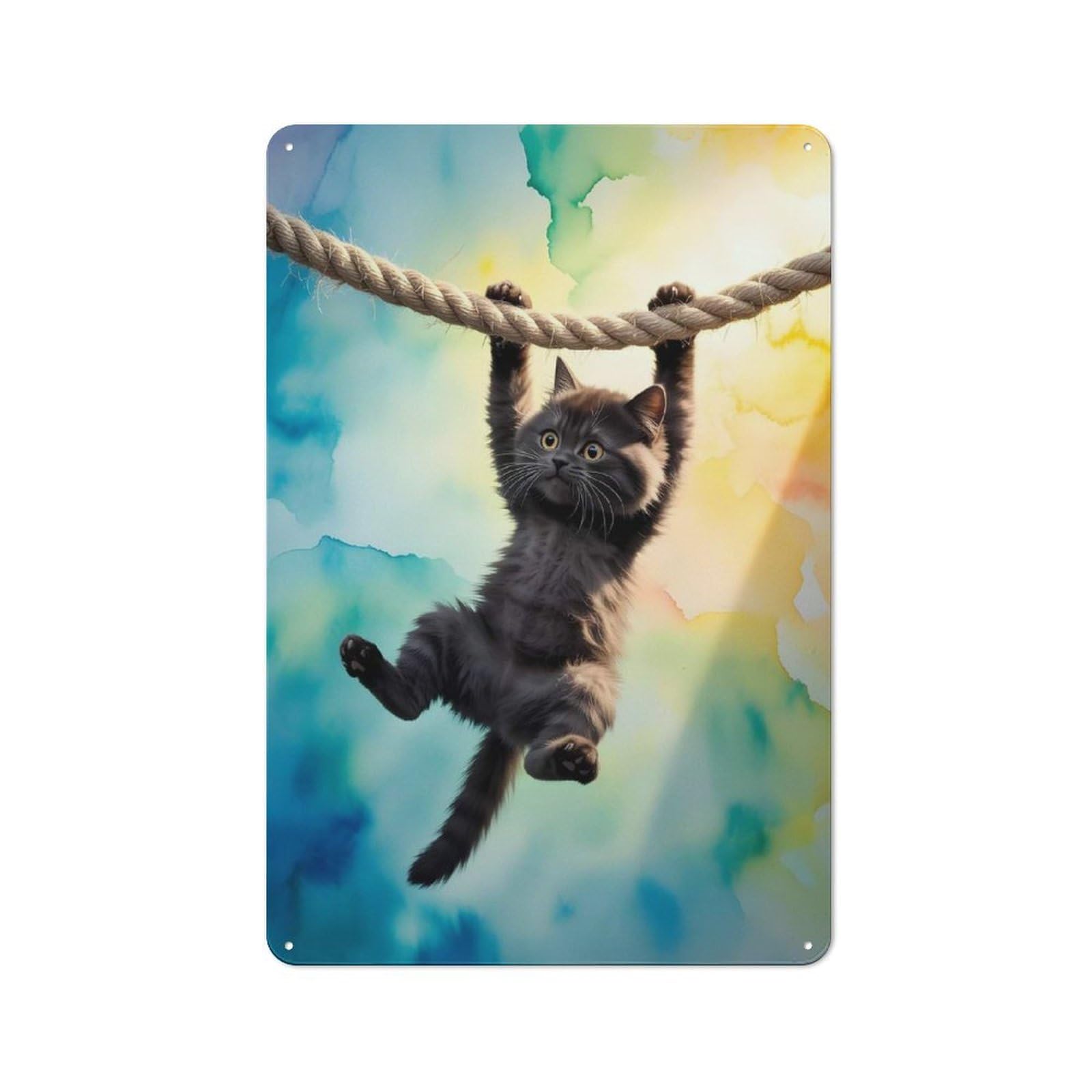 Junmoney Style-22 For Hobby Room Or Studio, Kitten Hanging On Rope Watercolor Background Retro Tin Sign 30X20cm, Gift For Creative Interior Collectors During The Christmas Season