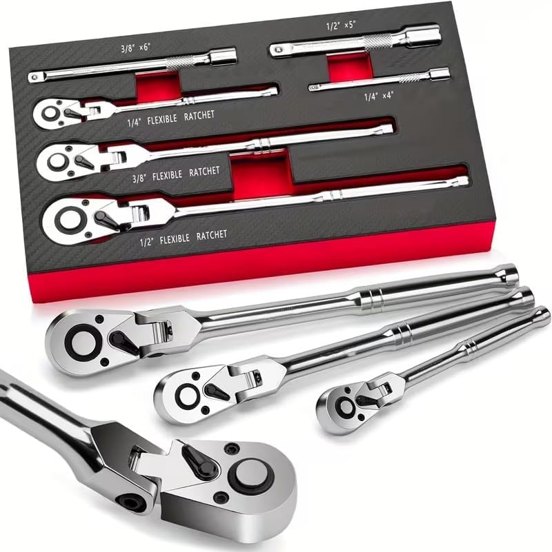 Flexible Ratchet Wrench Set with Extension Bars, 1/4 3/8 1/2 Inch Drive, 72 Tooth Quick Drop Swivel Head, 6 Piece Socket Wrench Set